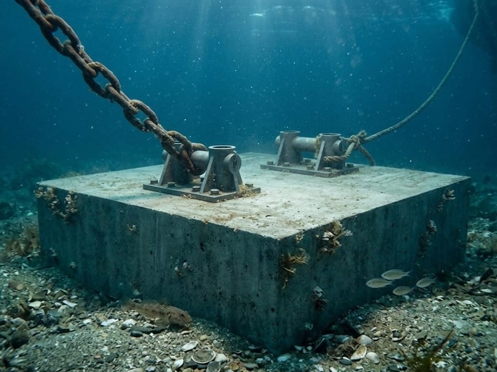 Corpo morto da ormeggio pronto per la posa sul fondale marino